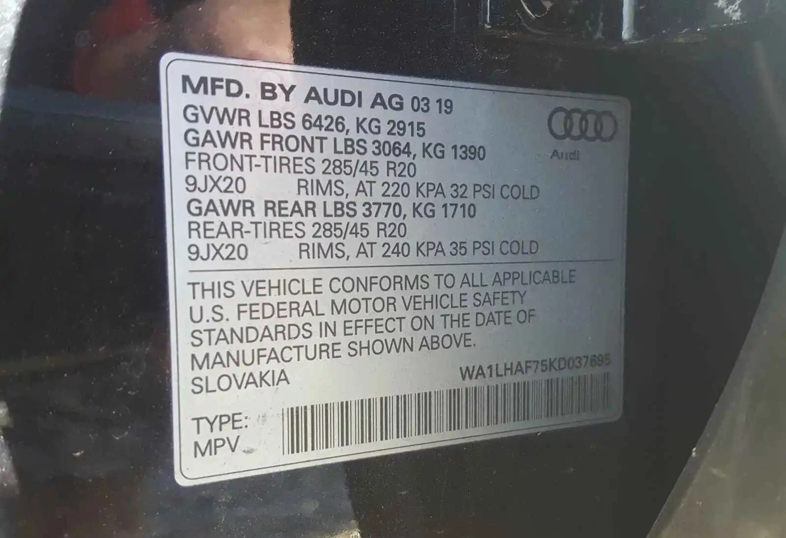 2019 Audi Q7 VIN WA1LHAF75KD037695 photo 10